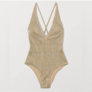 H&M V-neck Gold Shimmer One-Piece Swimsuit